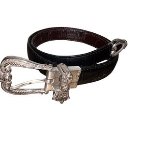 Brighton Womens M/L Black/Brown Embossed Alligator Skin Belt Silver Buckle Charm